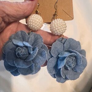 Blue Floral Pearl Drop Earrings